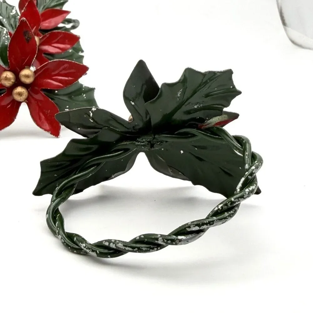 Vintage Poinsettia Napkin Rings Lot Of 10 Metal Art Gold Balls Paint Worn